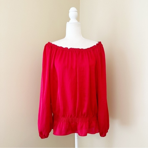 Michael MK Peplum Elastic Neck Long Sleeve Red Top - Large - Picture 1 of 9